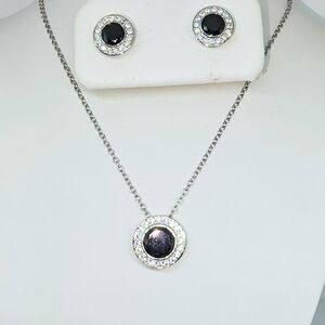 Simulated Black and White Diamond Halo Pendant Necklace 20 in and Stud Earrings